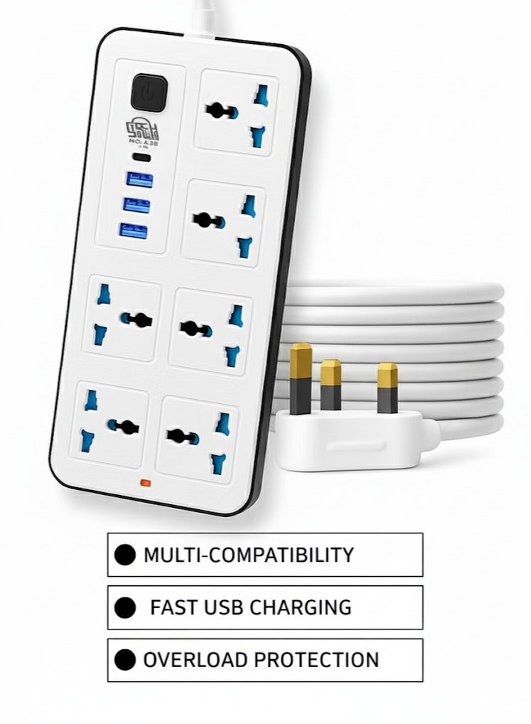 ستورتشو قضيب تمديد STORECHO العالمي مع 6 مخارج بنظام المملكة المتحدة، 3 منافذ USB، منفذ Type-C، شريط كهرباء بطول 1.8 متر للاستخدام المنزلي والمطبخ والمكتب - شريط طاقة مع حماية من الارتفاع المفاجئ والتحميل الزائد” - Image 1