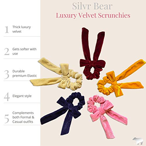 Silvr Bear Luxury Velvet Bow Ribbon Scarf Scrunchies | Same 5 as Pic | Buttery Soft Velvet | Anti-Hair-Breakage, Stylish Scrunchy for Girls, Women, Hair Ties (Velvet Ribbon 5 Scrunchies Solid) - Image 5