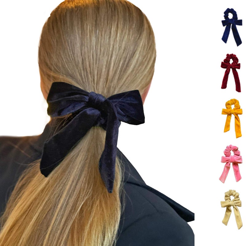 Silvr Bear Luxury Velvet Bow Ribbon Scarf Scrunchies | Same 5 as Pic | Buttery Soft Velvet | Anti-Hair-Breakage, Stylish Scrunchy for Girls, Women, Hair Ties (Velvet Ribbon 5 Scrunchies Solid) - Image 2