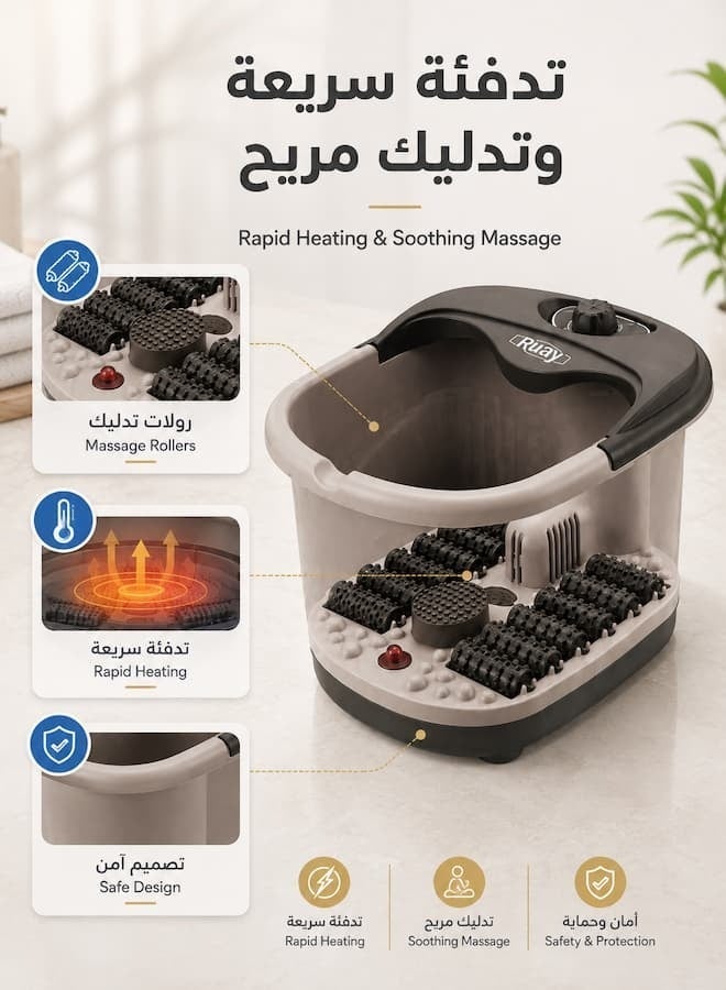 روئے Ruay حوض سبا وتدليك كهربائي للقدمين بقوة 500 واط مع تسخين سريع وبكرات تدليك متعددة وحماية من الحرارة الزائدة، حوض نقع وتدليك القدمين محمول للاسترخاء والعناية بالقدمين في المنزل - Image 2