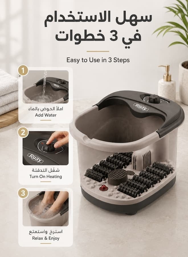 روئے Ruay حوض سبا وتدليك كهربائي للقدمين بقوة 500 واط مع تسخين سريع وبكرات تدليك متعددة وحماية من الحرارة الزائدة، حوض نقع وتدليك القدمين محمول للاسترخاء والعناية بالقدمين في المنزل - Image 4