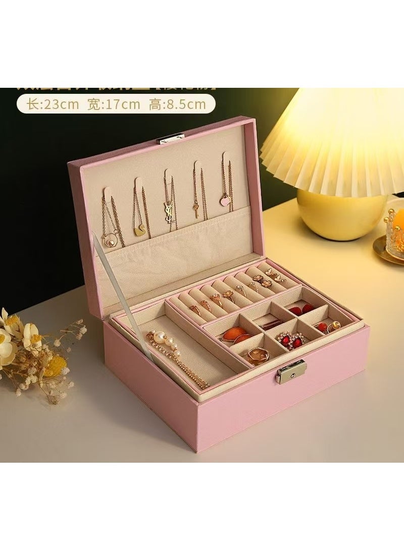 Pink Two Layer Jewelry Storage Box for Women, Earring Ring Necklace Bracelet Organizer Display, 23x17x8.5cm