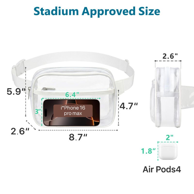 Veckle Clear Fanny Pack Stadium Approved - Plus Size 35-51 Inch Adjustable Strap Transparent Belt Bag for Women Men Fits 7.5" Smartphone, Crossbody Clear Bag for Stadium Events Sports Concerts, White - Image 4
