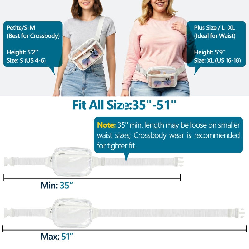 Veckle Clear Fanny Pack Stadium Approved - Plus Size 35-51 Inch Adjustable Strap Transparent Belt Bag for Women Men Fits 7.5" Smartphone, Crossbody Clear Bag for Stadium Events Sports Concerts, White - Image 5