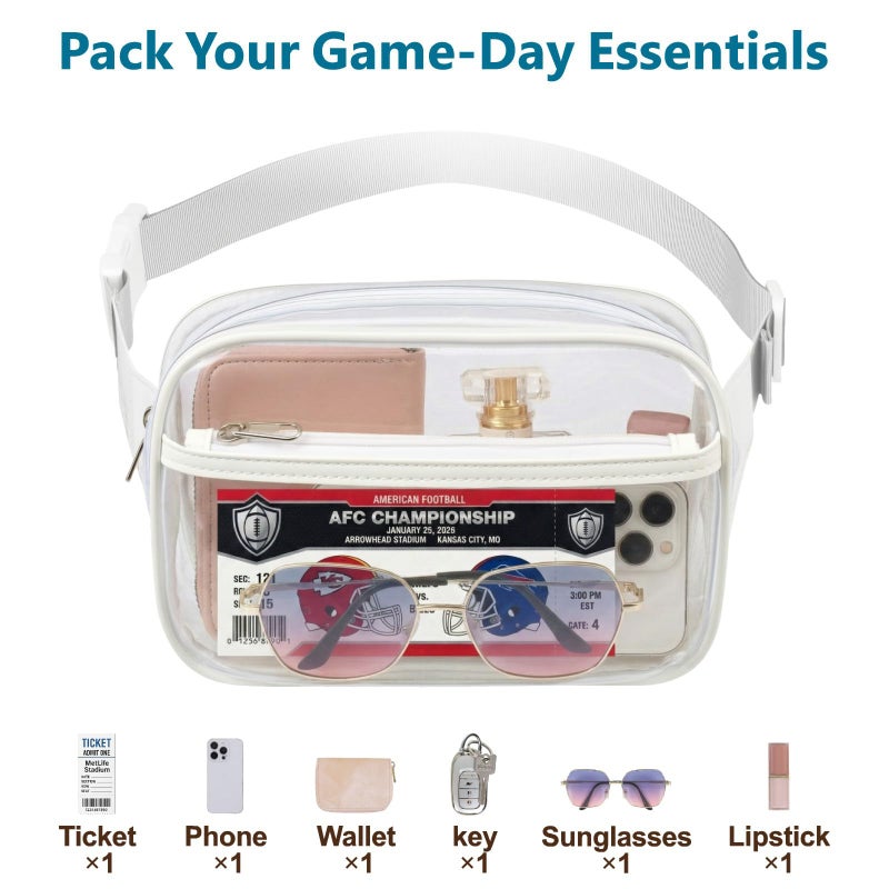 Veckle Clear Fanny Pack Stadium Approved - Plus Size 35-51 Inch Adjustable Strap Transparent Belt Bag for Women Men Fits 7.5" Smartphone, Crossbody Clear Bag for Stadium Events Sports Concerts, White - Image 3