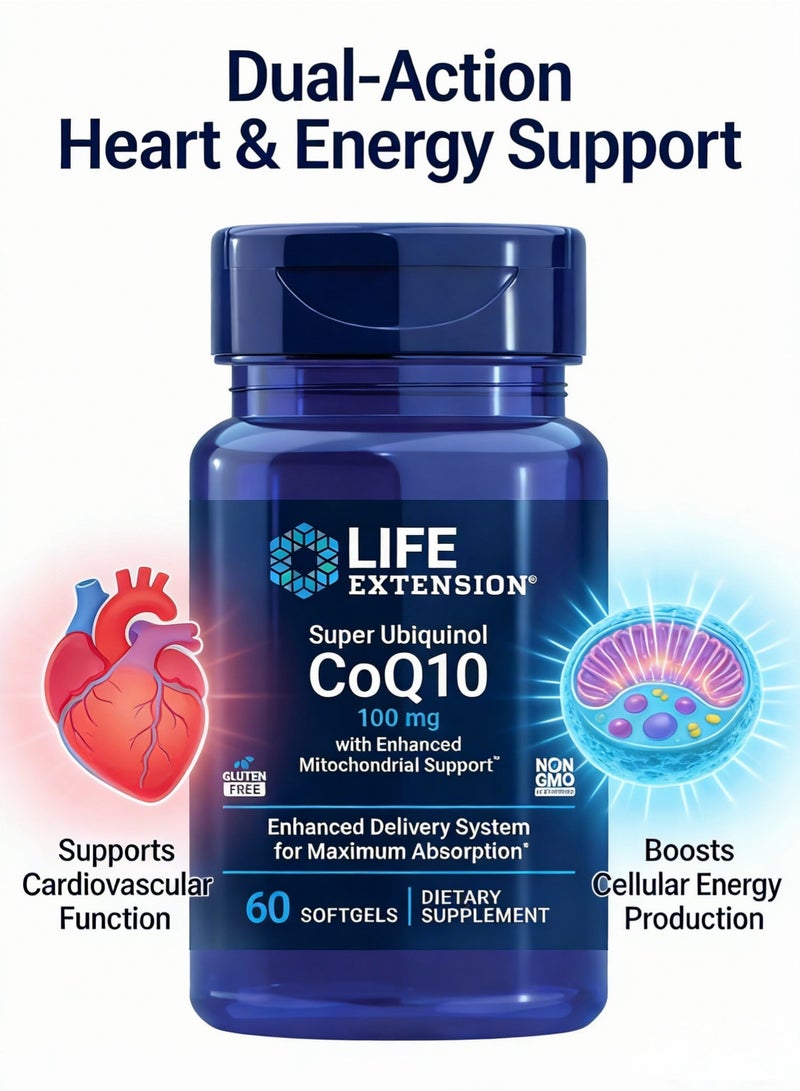 لايف إكستنشن سوبر يوبيكوينول CoQ10 مع دعم محسن للميتوكوندريا، صحة القلب القوية ودعم إنتاج الطاقة الخلوية، فائق الامتصاص، خالي من الغلوتين، غير معدل وراثيًا، 100 مجم، 60 كبسولة هلامية - Image 2