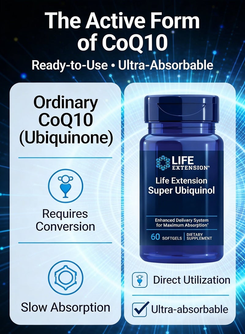 لايف إكستنشن سوبر يوبيكوينول CoQ10 مع دعم محسن للميتوكوندريا، صحة القلب القوية ودعم إنتاج الطاقة الخلوية، فائق الامتصاص، خالي من الغلوتين، غير معدل وراثيًا، 100 مجم، 60 كبسولة هلامية - Image 3