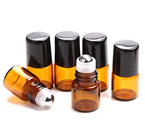 Furnido 25 Pack 1ml Amber Glass Roll on Bottle For Essential Oils,Perfume Vial with Stainless Steel Roller Ball,Black Caps Mini Sample Vials Cosmetics Small Container - Image 1
