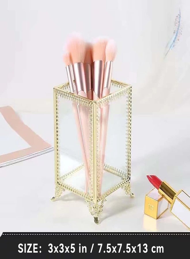 HKS Makeup Brush Holder Vintage Glass Handmade Organizer with Pink Pearls for Nail Brush, Vanity, Bathroom, Dresser, Countertop - Gold - Image 2