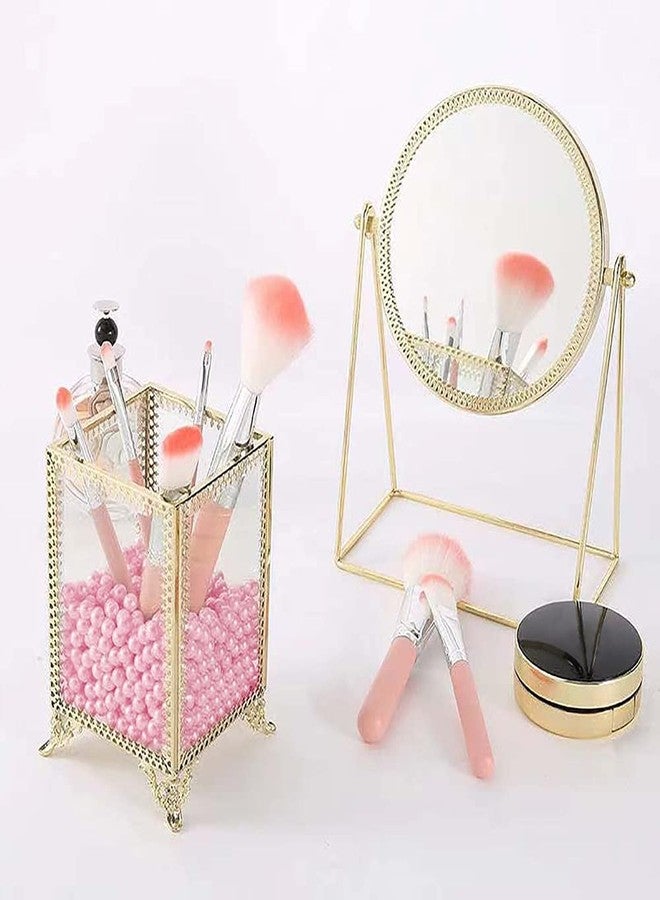 HKS Makeup Brush Holder Vintage Glass Handmade Organizer with Pink Pearls for Nail Brush, Vanity, Bathroom, Dresser, Countertop - Gold - Image 5