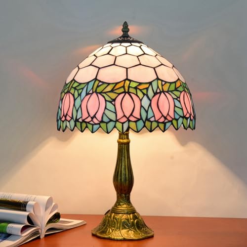 Blivuself Tiffany Lamp Stained Glass Lamp Pink Tulip Bedroom Table lamp Reading Desk Light for Bedside Living Room Office Dormitory Dining Room Decorate Housewarming Gift 12X12X18 Include Light Bulb - Image 2