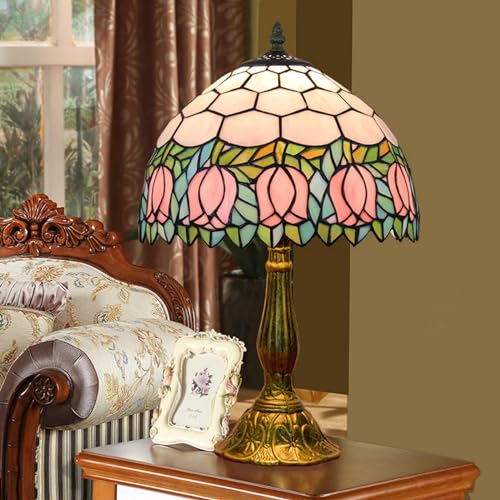 Blivuself Tiffany Lamp Stained Glass Lamp Pink Tulip Bedroom Table lamp Reading Desk Light for Bedside Living Room Office Dormitory Dining Room Decorate Housewarming Gift 12X12X18 Include Light Bulb - Image 4