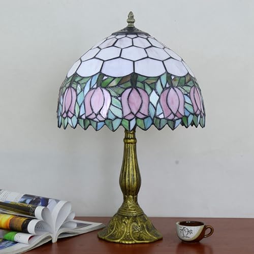 Blivuself Tiffany Lamp Stained Glass Lamp Pink Tulip Bedroom Table lamp Reading Desk Light for Bedside Living Room Office Dormitory Dining Room Decorate Housewarming Gift 12X12X18 Include Light Bulb - Image 3
