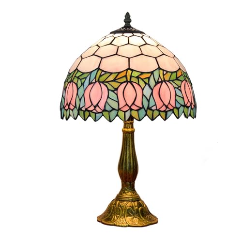 Blivuself Tiffany Lamp Stained Glass Lamp Pink Tulip Bedroom Table lamp Reading Desk Light for Bedside Living Room Office Dormitory Dining Room Decorate Housewarming Gift 12X12X18 Include Light Bulb - Image 1