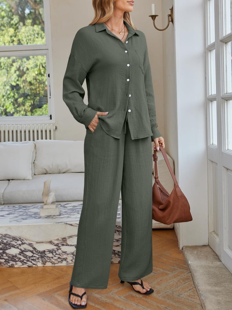 LILLUSORY Womens 2 Piece Linen Matching Lounge Sets 2026 Summer Vacation Outfits Long sleeve Button Down Oversized Pant Sets ArmyGreen M - Image 3