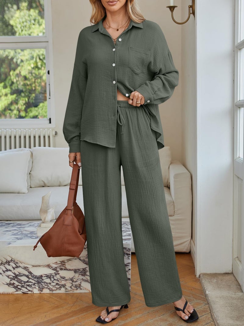 LILLUSORY Womens 2 Piece Linen Matching Lounge Sets 2026 Summer Vacation Outfits Long sleeve Button Down Oversized Pant Sets ArmyGreen M - Image 2