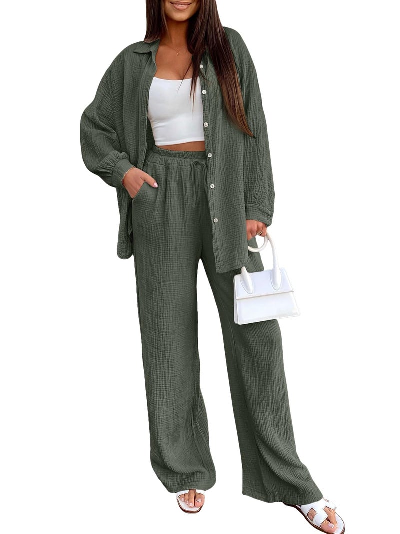 LILLUSORY Womens 2 Piece Linen Matching Lounge Sets 2026 Summer Vacation Outfits Long sleeve Button Down Oversized Pant Sets ArmyGreen M - Image 1