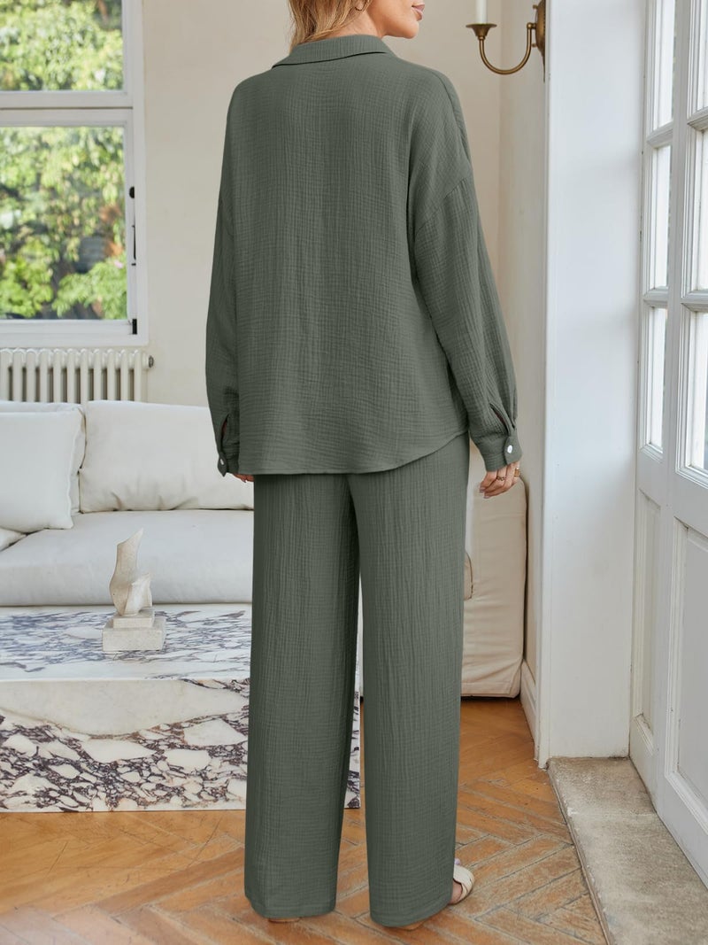 LILLUSORY Womens 2 Piece Linen Matching Lounge Sets 2026 Summer Vacation Outfits Long sleeve Button Down Oversized Pant Sets ArmyGreen M - Image 4