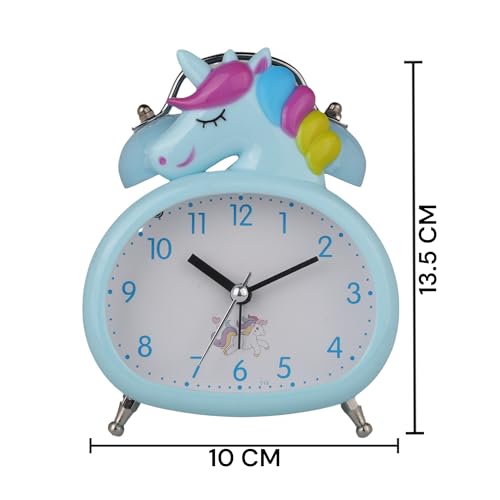 De'rons Twin Bell Analog Table Alarm Clock with Backlight for Heavy Sleepers Loud Alarm Clock for Students Funny Cute Cartoon Unicorn Shape Alarm Clock for Girls Kids Boys Bedroom 13.5 x 10 cm (Blue) - Image 5
