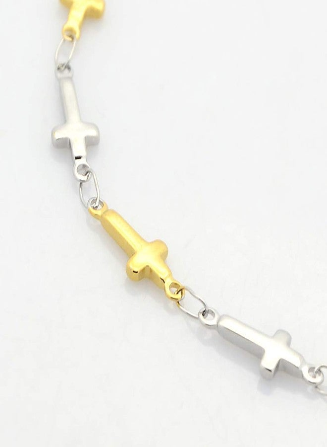 LZD Catholic Stainless Steel Cross Link Chain Bracelet Lobster Gold Silver 7.8" P267 (Gold & Silver) - Image 2