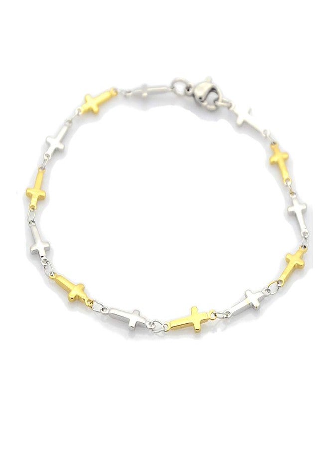 LZD Catholic Stainless Steel Cross Link Chain Bracelet Lobster Gold Silver 7.8" P267 (Gold & Silver) - Image 1