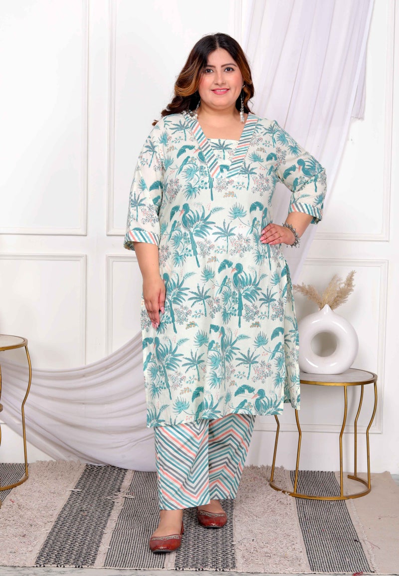 Miravan Womens Plus Size Cotton Green Leaf Printed Straight Pakistani Style Kurta And Palazzo - Image 1