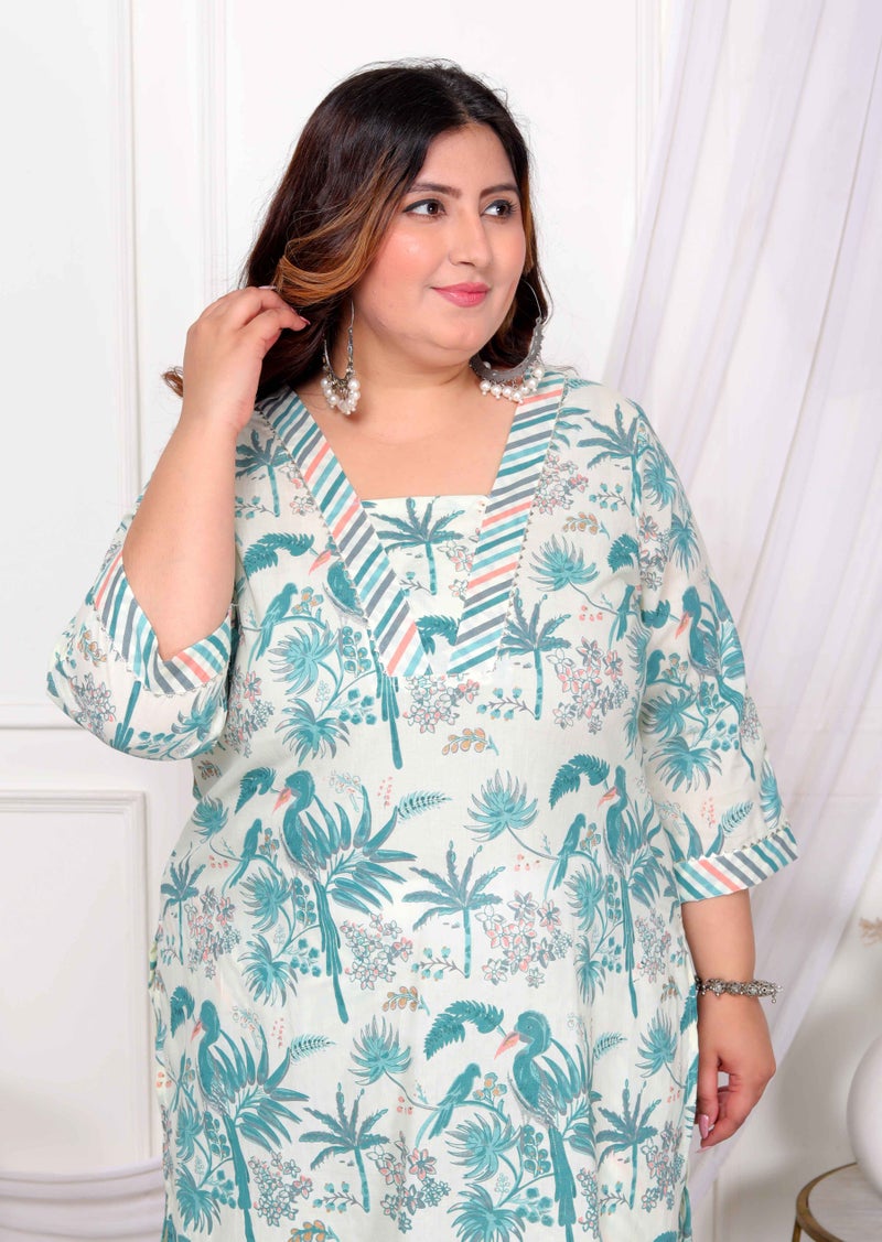Miravan Womens Plus Size Cotton Green Leaf Printed Straight Pakistani Style Kurta And Palazzo - Image 3