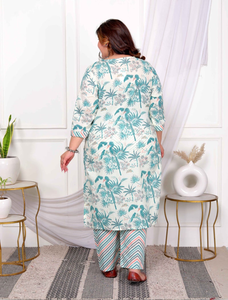 Miravan Womens Plus Size Cotton Green Leaf Printed Straight Pakistani Style Kurta And Palazzo - Image 5