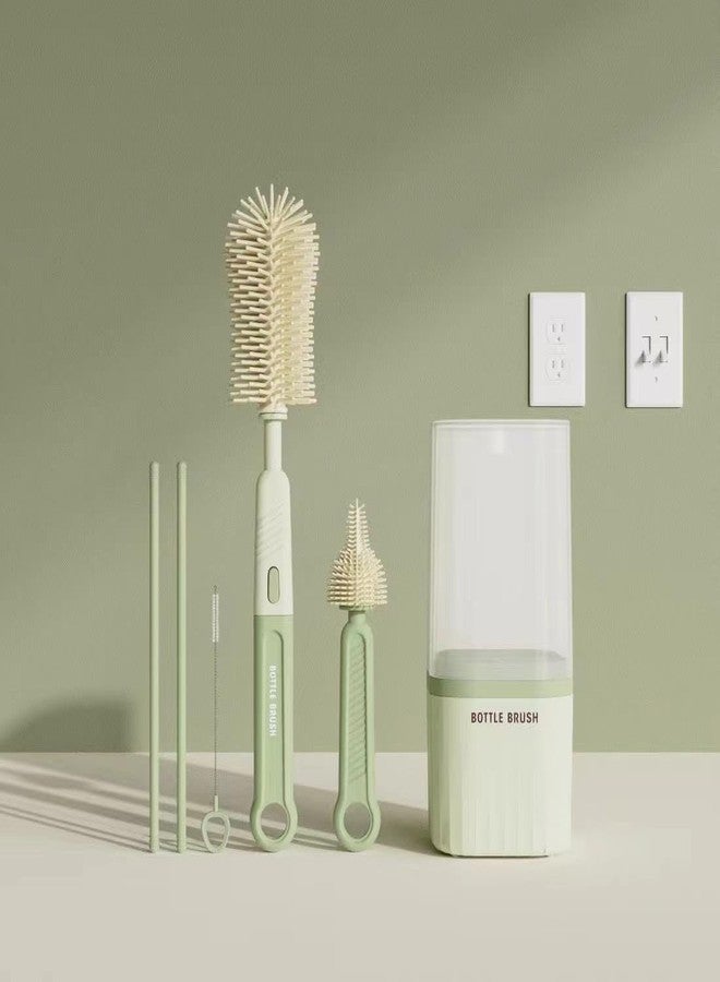 إيفن مجموعة فرشاة تنظيف زجاجات الأطفال المحمولة EVEN 6 في 1، شعيرات سيليكون، لون أخضر، زجاجة، حلمة، ماصة، عمود تجفيف، صندوق تخزين - Image 1