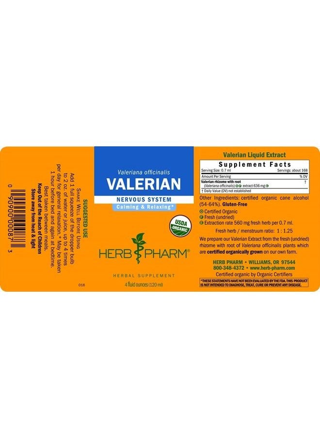 HERB PHARM Certified Organic Valerian Root Liquid Extract for Relaxation and Restful Sleep, Organic Cane Alcohol, 4 Ounce  - Image 2