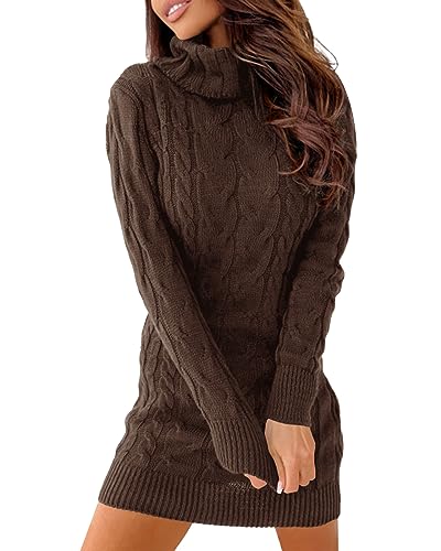 Langwyqu Womens Cable Knit Sweater Dress Sexy Long Sleeve Bodycon Turtleneck Mini Fall Sweaters Dresses Coffee - Image 5