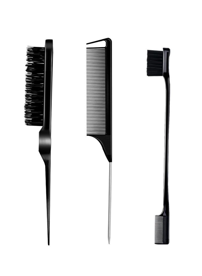 3 Pieces Hair Styling Comb Set Teasing Brush Rat Tail Comb Edge Brush for Edge&Back Brushing, Combing, Slicking Hair for Women (Black) - Image 1