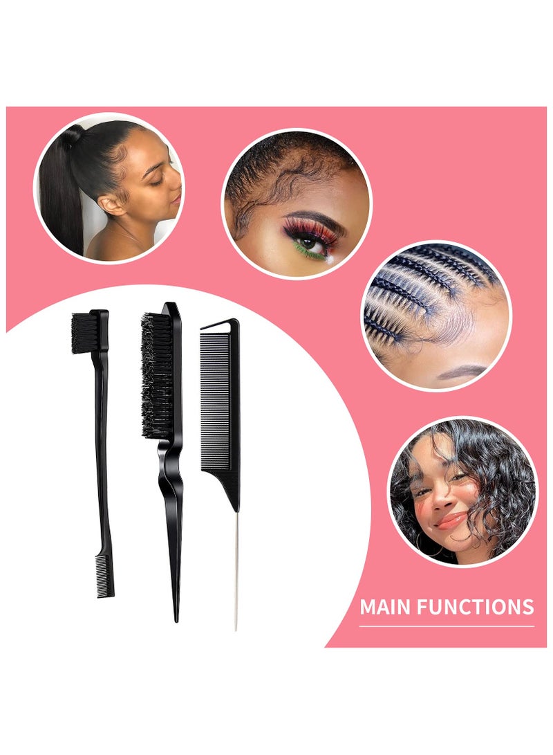 3 Pieces Hair Styling Comb Set Teasing Brush Rat Tail Comb Edge Brush for Edge&Back Brushing, Combing, Slicking Hair for Women (Black) - Image 5