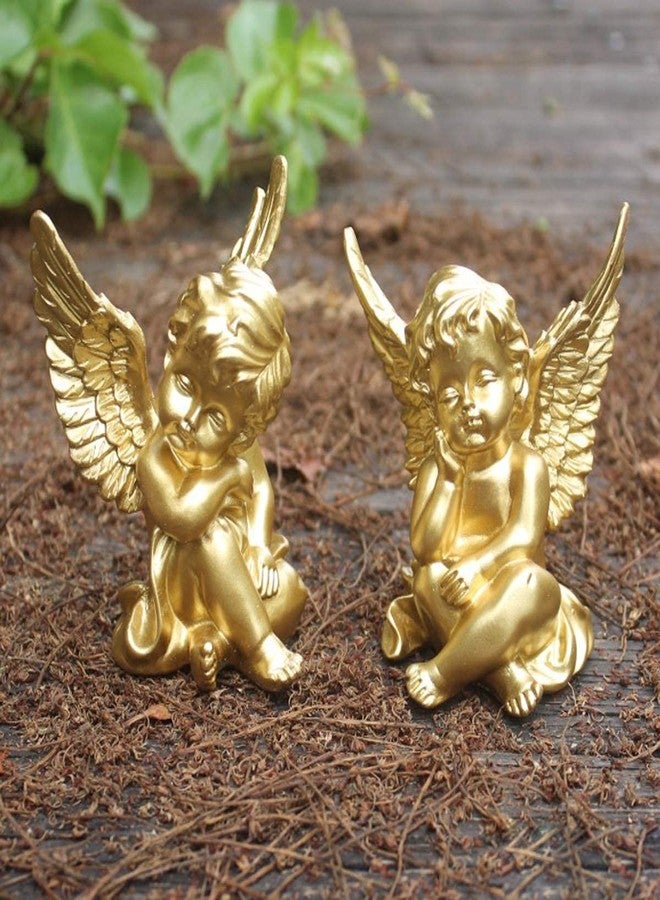 OwMell Set of 2 Cherubs Angels Resin Statue Figurine, Indoor Home Decoration, Adorable Angel Sculpture Memorial Statue 4" - Gold - Image 4