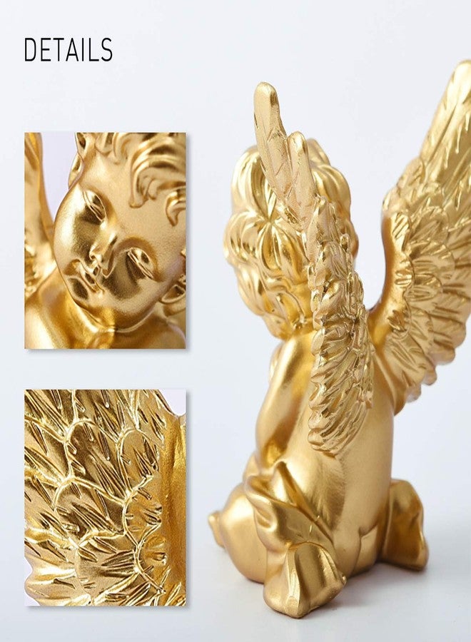 OwMell Set of 2 Cherubs Angels Resin Statue Figurine, Indoor Home Decoration, Adorable Angel Sculpture Memorial Statue 4" - Gold - Image 3
