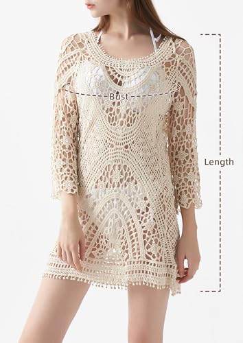 Jeasona Women’s Bathing Suit Cover Up Crochet Lace Bikini Swimsuit Dress (Beige, M) - Image 4