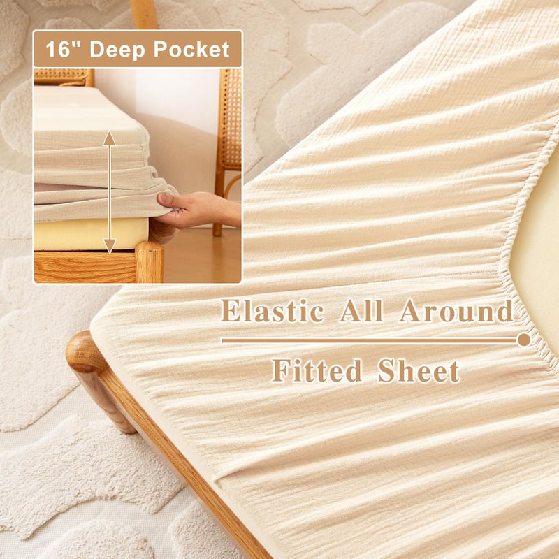 LUTBM Queen Sheet Set 100% Cotton Bed Sheets Linen Like Textured 4 Pcs Beige Fall 16" Deep Pocket Sheet & Pillowcase Boho Muslin Breathable Soft Queen Sheets Easy Care - Image 4