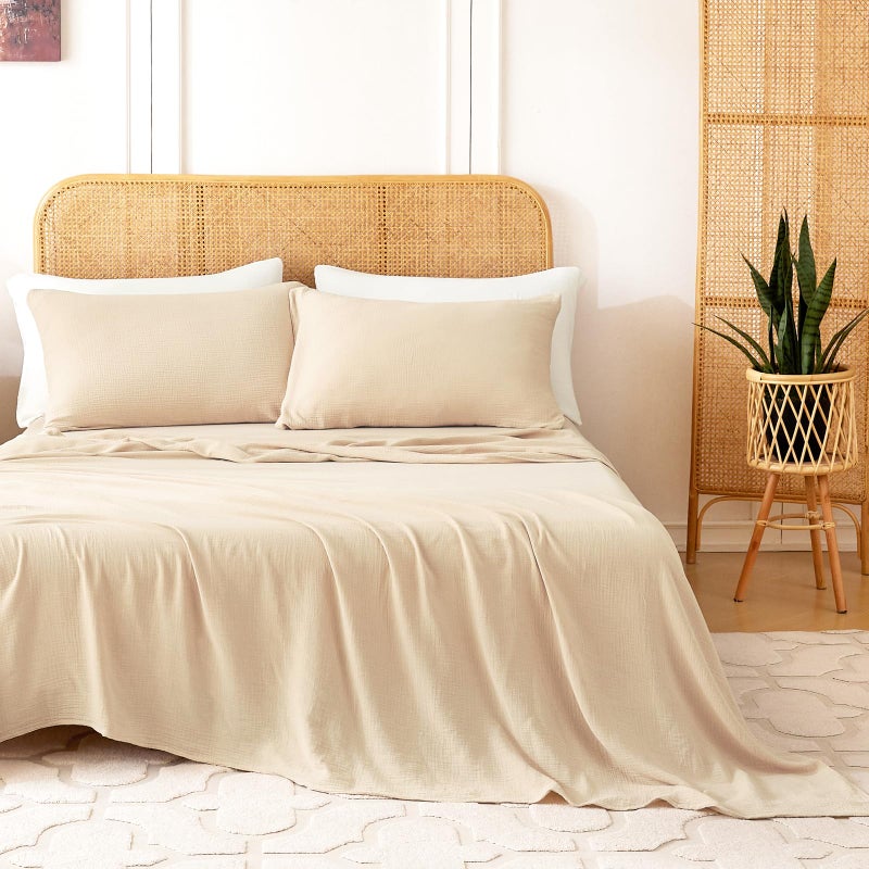 LUTBM Queen Sheet Set 100% Cotton Bed Sheets Linen Like Textured 4 Pcs Beige Fall 16" Deep Pocket Sheet & Pillowcase Boho Muslin Breathable Soft Queen Sheets Easy Care - Image 1