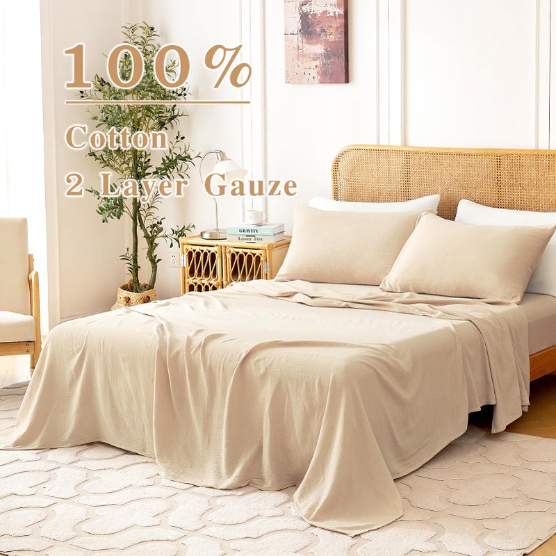 LUTBM Queen Sheet Set 100% Cotton Bed Sheets Linen Like Textured 4 Pcs Beige Fall 16" Deep Pocket Sheet & Pillowcase Boho Muslin Breathable Soft Queen Sheets Easy Care - Image 2