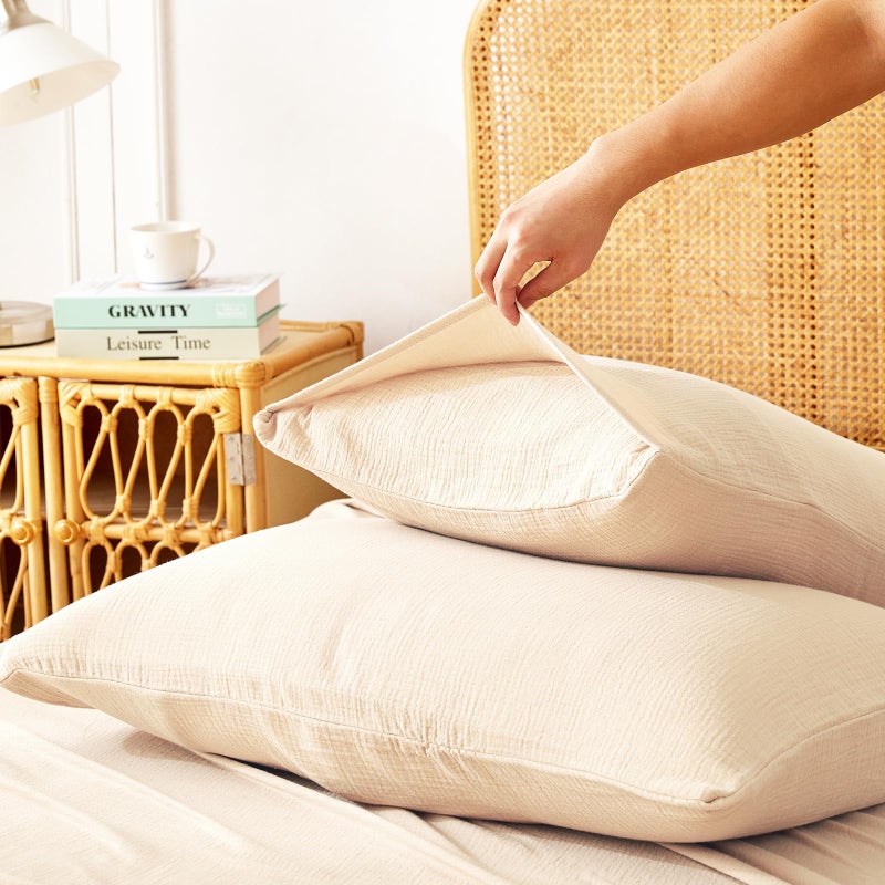LUTBM Queen Sheet Set 100% Cotton Bed Sheets Linen Like Textured 4 Pcs Beige Fall 16" Deep Pocket Sheet & Pillowcase Boho Muslin Breathable Soft Queen Sheets Easy Care - Image 5