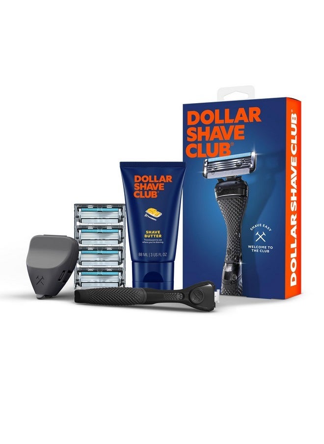 DOLLAR SHAVE CLUB | The Member Exclusive Shave Set | 4 Swift Rinse Refill Cartridges, 1 Handle (Black), 1 Shave Butter 3 Ounce, 1 Razor Cover  - Image 1
