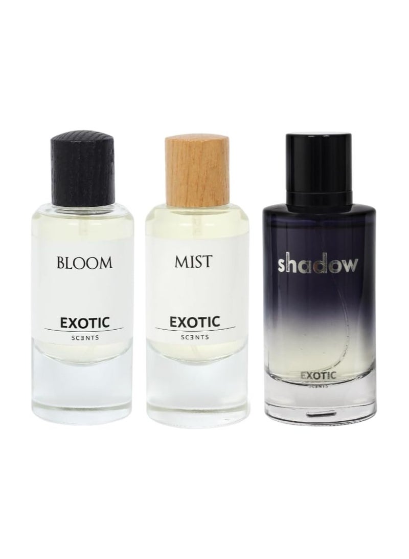 Exotic Scents Mist & Bloom Eau de Parfume Combo - 60ml Each + Shadow (100ml) Perfume Free | For Everyday Use, Long Lasting Fragrance 