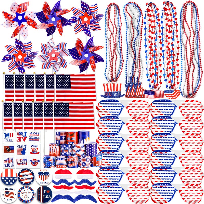 Thuodo 156 PCS 4th of July Accessories Patriotic Party Favors American Flags Glasses Slap Bracelets Pinwheels Tattoo Stickers Brooches Beards Necklaces for Independence Day Memorial Day - Image 2