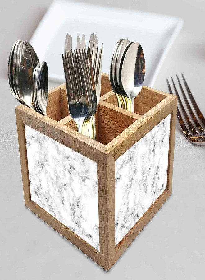 Nutcase Wooden Cutlery Stand Holder Silverware Caddy Spoons Forks Knives Organizer for Dining Table & Kitchen -Made in India-Spoons NOT Included - White Smoke Marble - Image 2