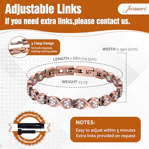 Jecanori Pure Copper Bracelets for Women, Heart Crystal Magnetic Bracelets for Women with 3800 Gauss Ultra Magnets and Sizing Tool - Image 5