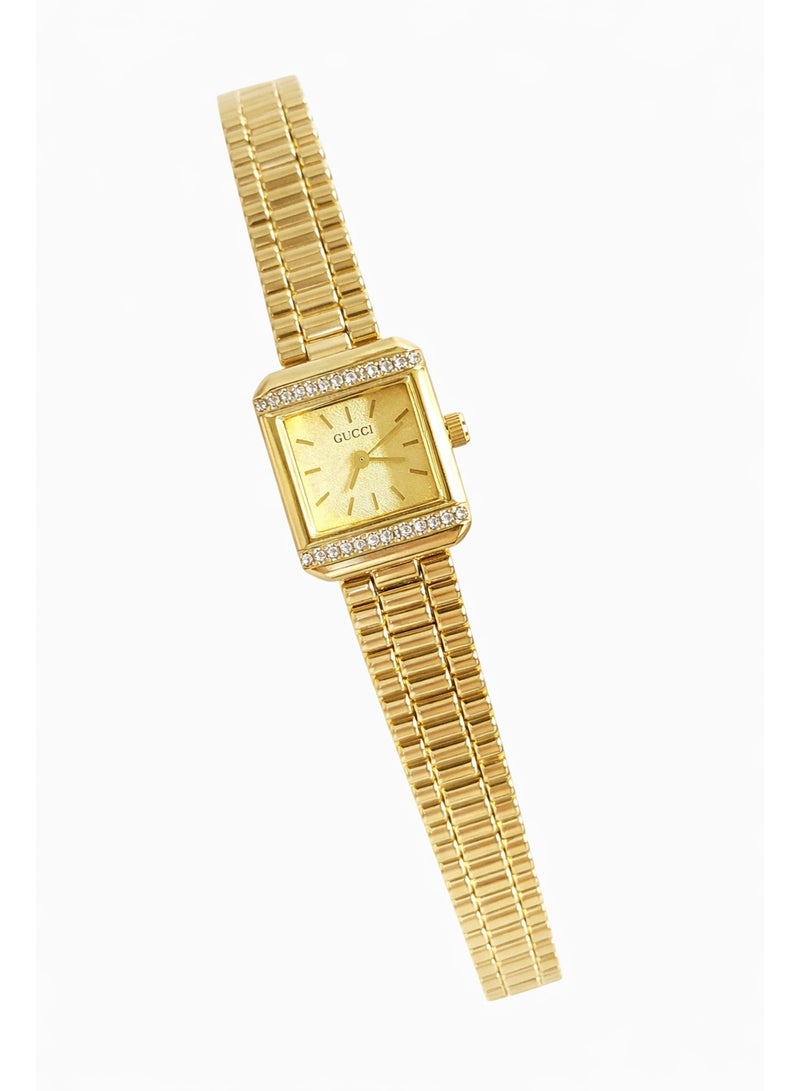 Gucci Women’s Square Gold Watch with Crystal Bezel and Stainless Steel Bracelet