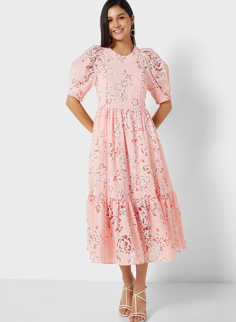Ted Baker Puff Sleeve Floral Printed Tiered Dress