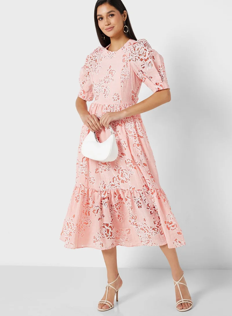 Ted Baker Puff Sleeve Floral Printed Tiered Dress