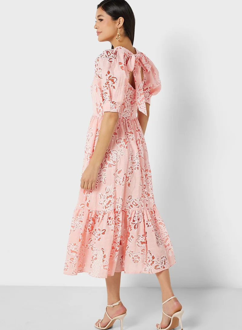 Ted Baker Puff Sleeve Floral Printed Tiered Dress