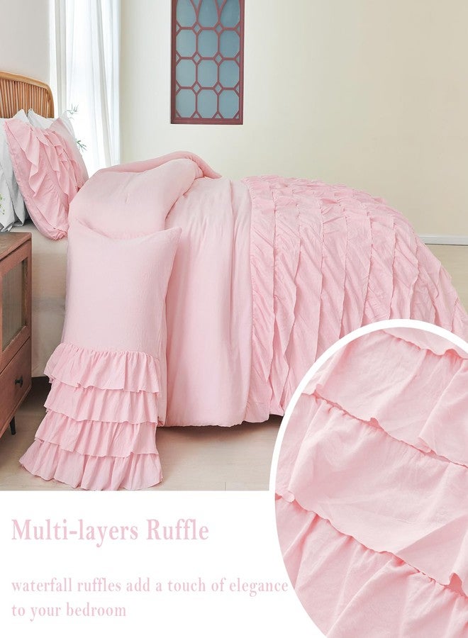 PERFEMET Pink Twin Comforter Set for Girls Boho Ruffle Princess Bedding Set Multi Layers Ruffled Kids Bed Sets Washed Microfiber Farmhouse Fluffy Bed Comforter Set for Bedroom (Pink,Twin) - Image 4